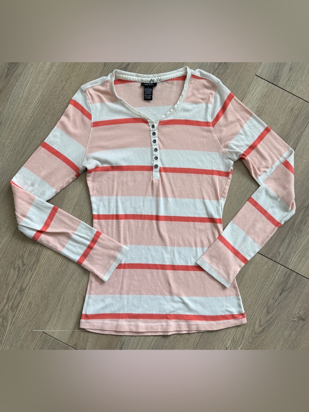 Rue 21 Womens Striped Henley Size Large Coral/White/Rose Pink